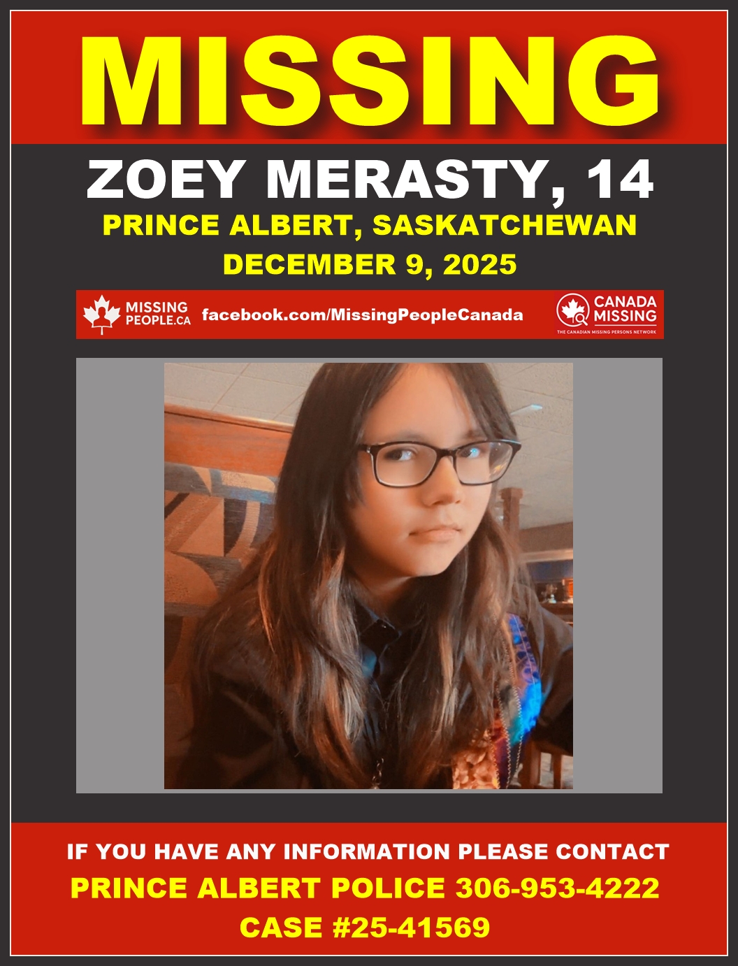 Photo of missing female teen Zoey Merasty, age 14, from Prince Albert, Saskatchewan.