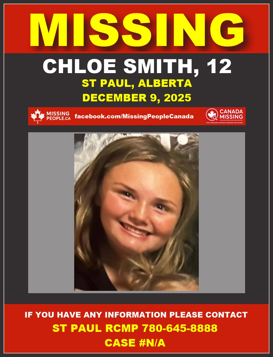 Photo of missing female child Chloe Smith, age 12, from St Paul, Alberta