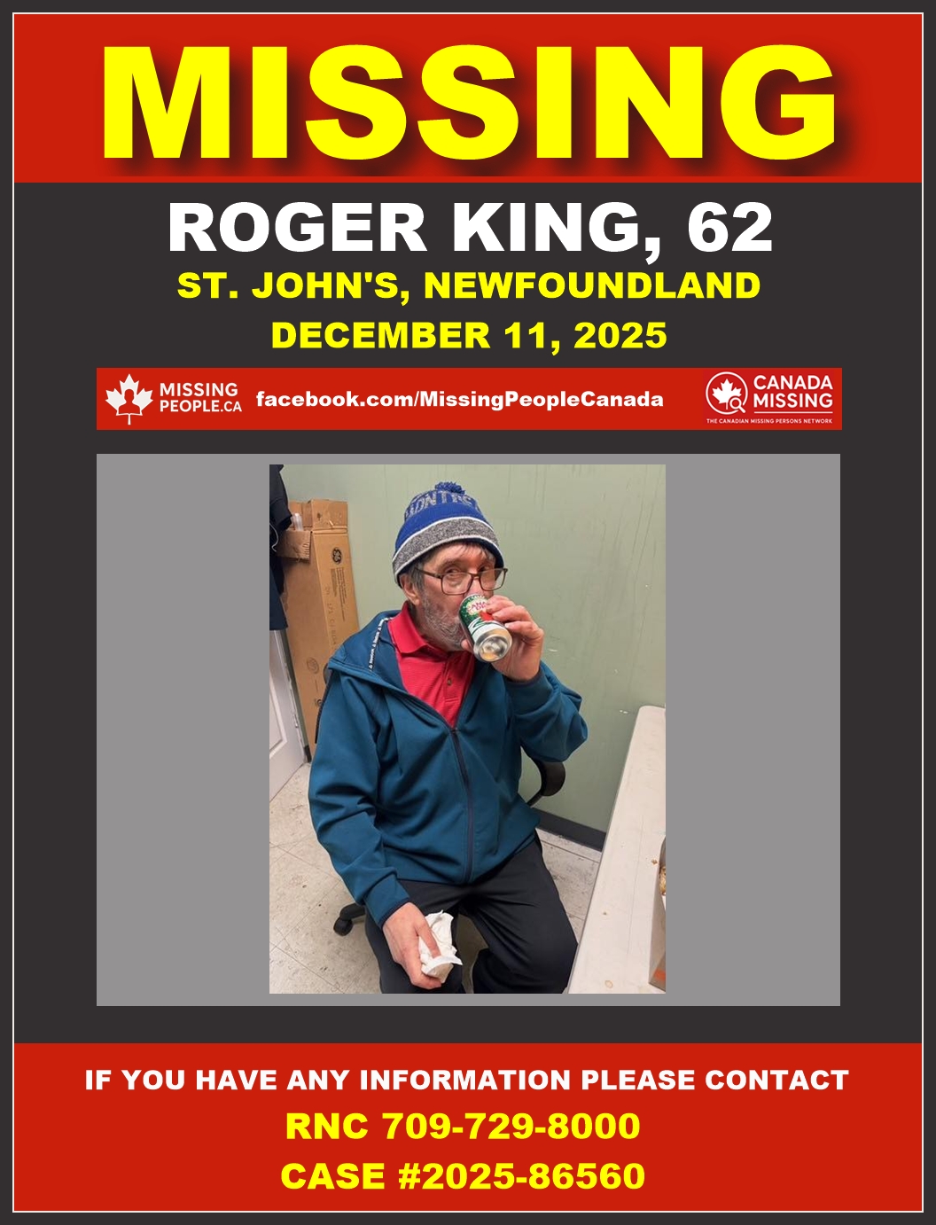 Photo of missing man Roger King, age 62, from St. John's, Newfoundland and Labrador.
