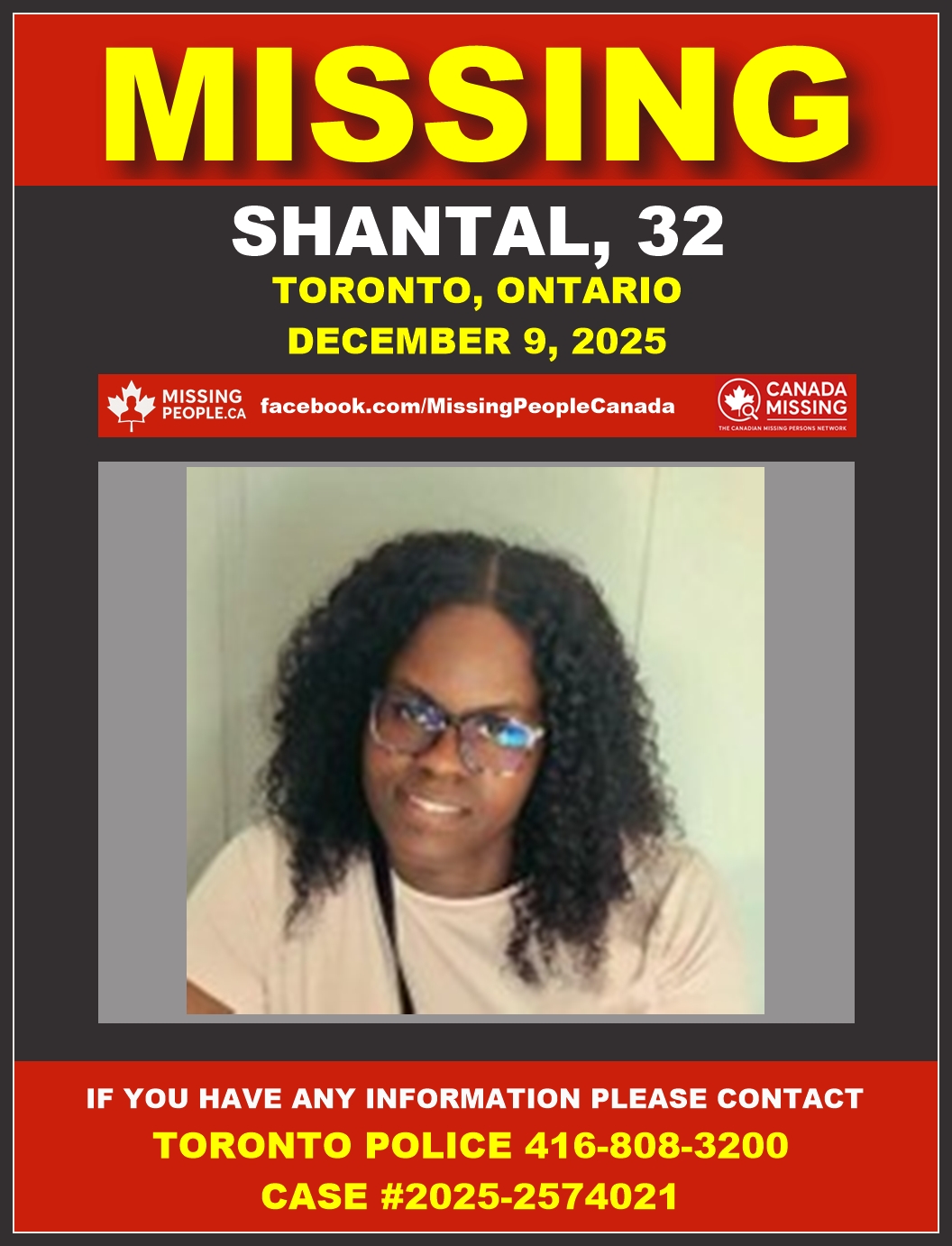 Photo of missing person Shantal, age 32, from Toronto, Ontario.