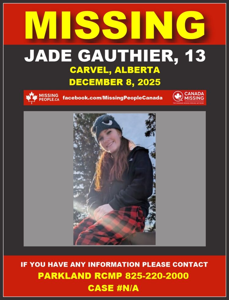 Photo of missing female teen Jade Gauthier, age 13, from Carvel, Alberta