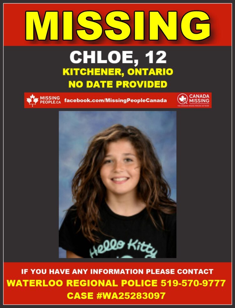 Photo of missing female child Chloe, age 12, from Kitchener, Ontario.