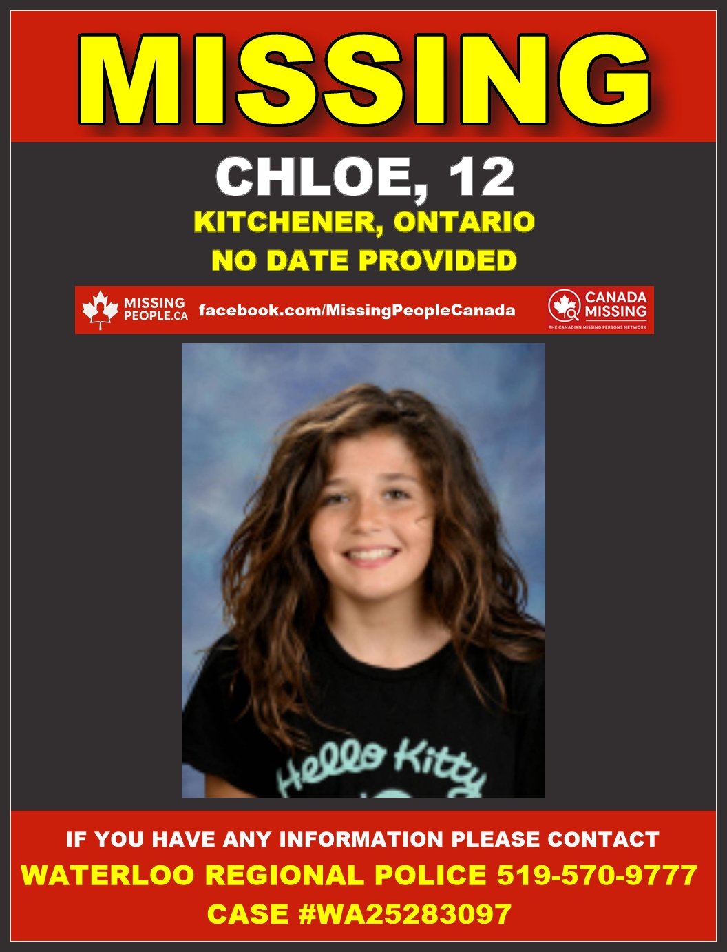 Photo of missing female child Chloe, age 12, from Kitchener, Ontario.