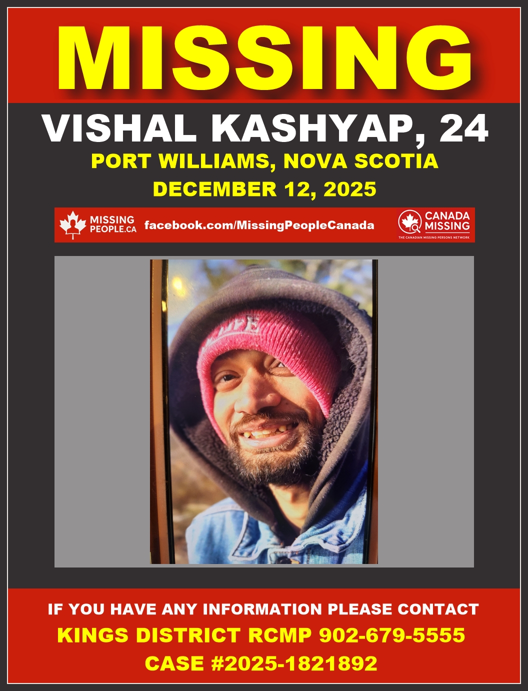 Photo of missing man Vishal Kashyap, age 24, from Port Williams, Nova Scotia.