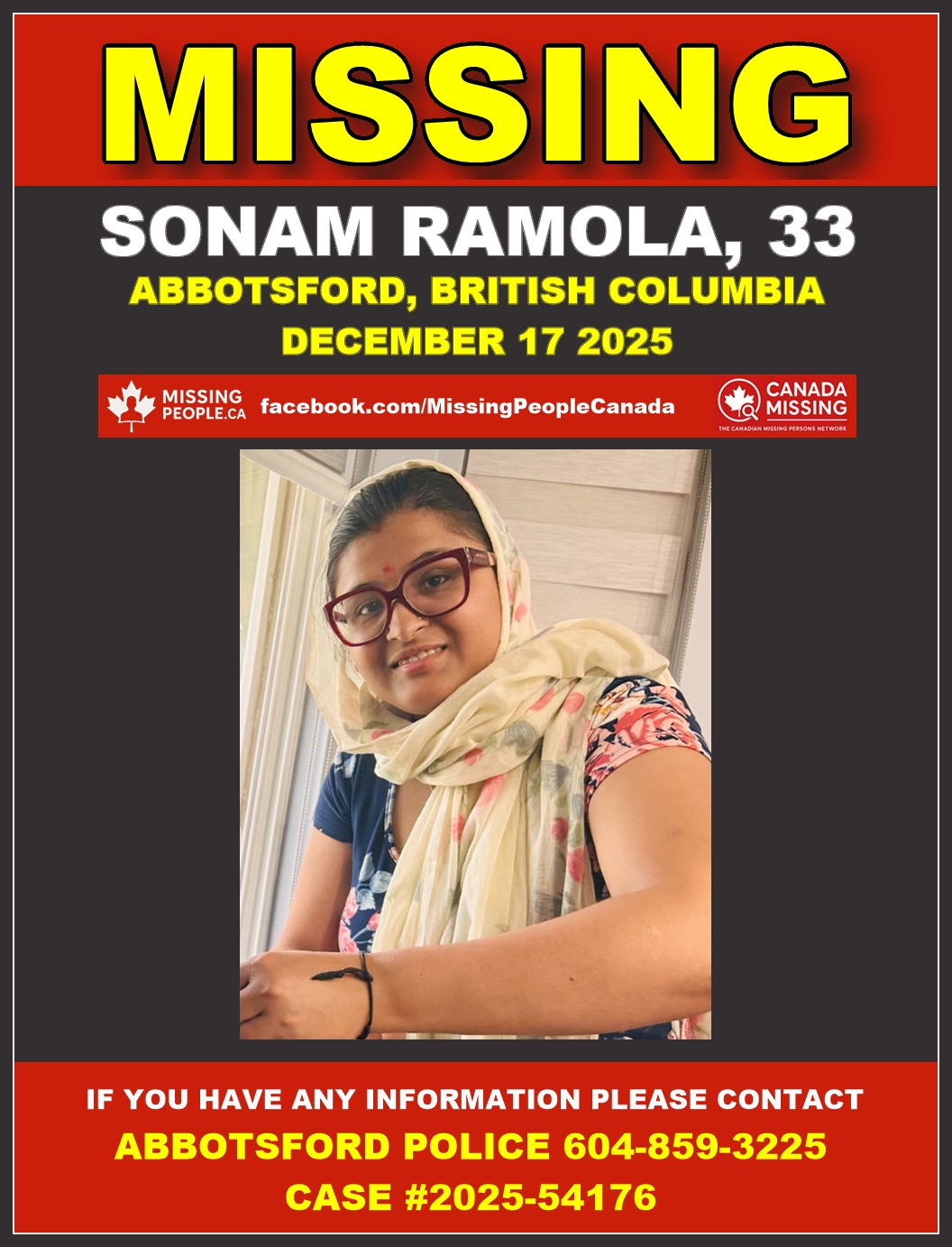 Photo of missing woman Sonam Ramola, age 33, from Abbotsford, British Columbia.