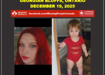 Photos of missing mother and infant Angel Rodgers, 21, and Elizabeth Liverance, 18 months, from Georgian Bluffs, Ontario (Angel with dyed red hair, Elizabeth in red onesie).