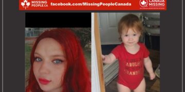 Photos of missing mother and infant Angel Rodgers, 21, and Elizabeth Liverance, 18 months, from Georgian Bluffs, Ontario (Angel with dyed red hair, Elizabeth in red onesie).