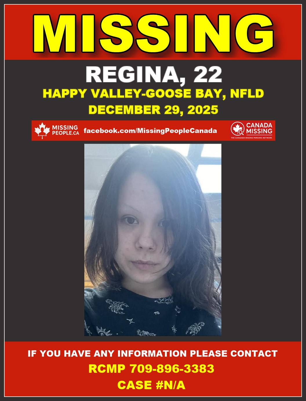 Photo of missing woman Regina, age 22, from Happy Valley-Goose Bay, Newfoundland