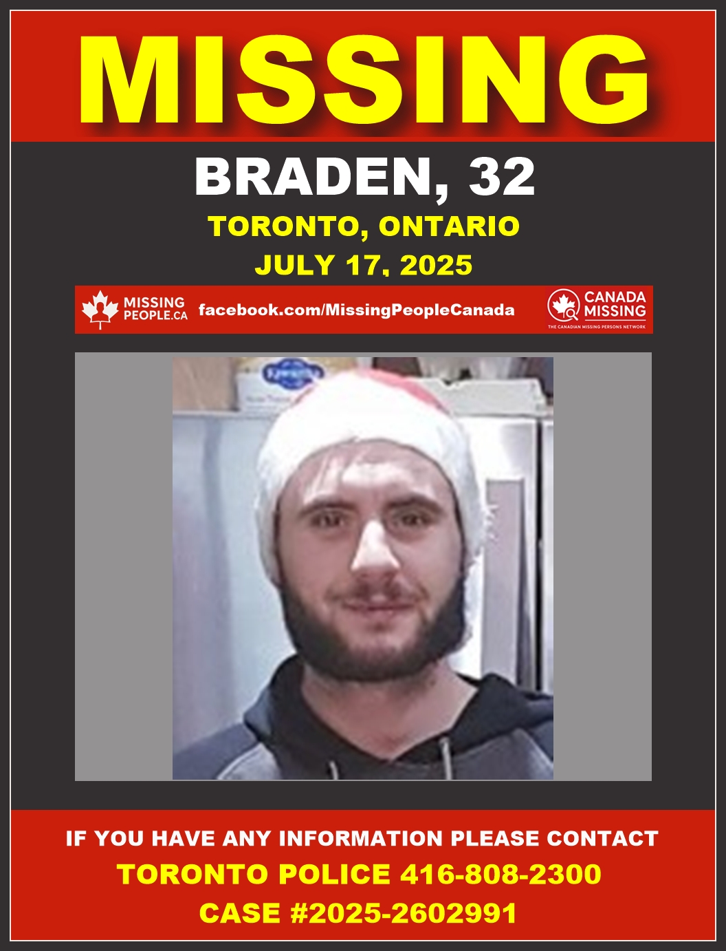 Photo of missing person Braden, age 32, from Toronto, Ontario.