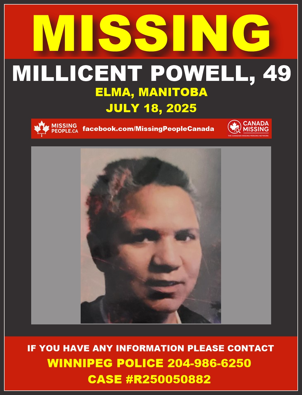 Photo of missing person Millicent Powell, age 49, from Elma, Manitoba.