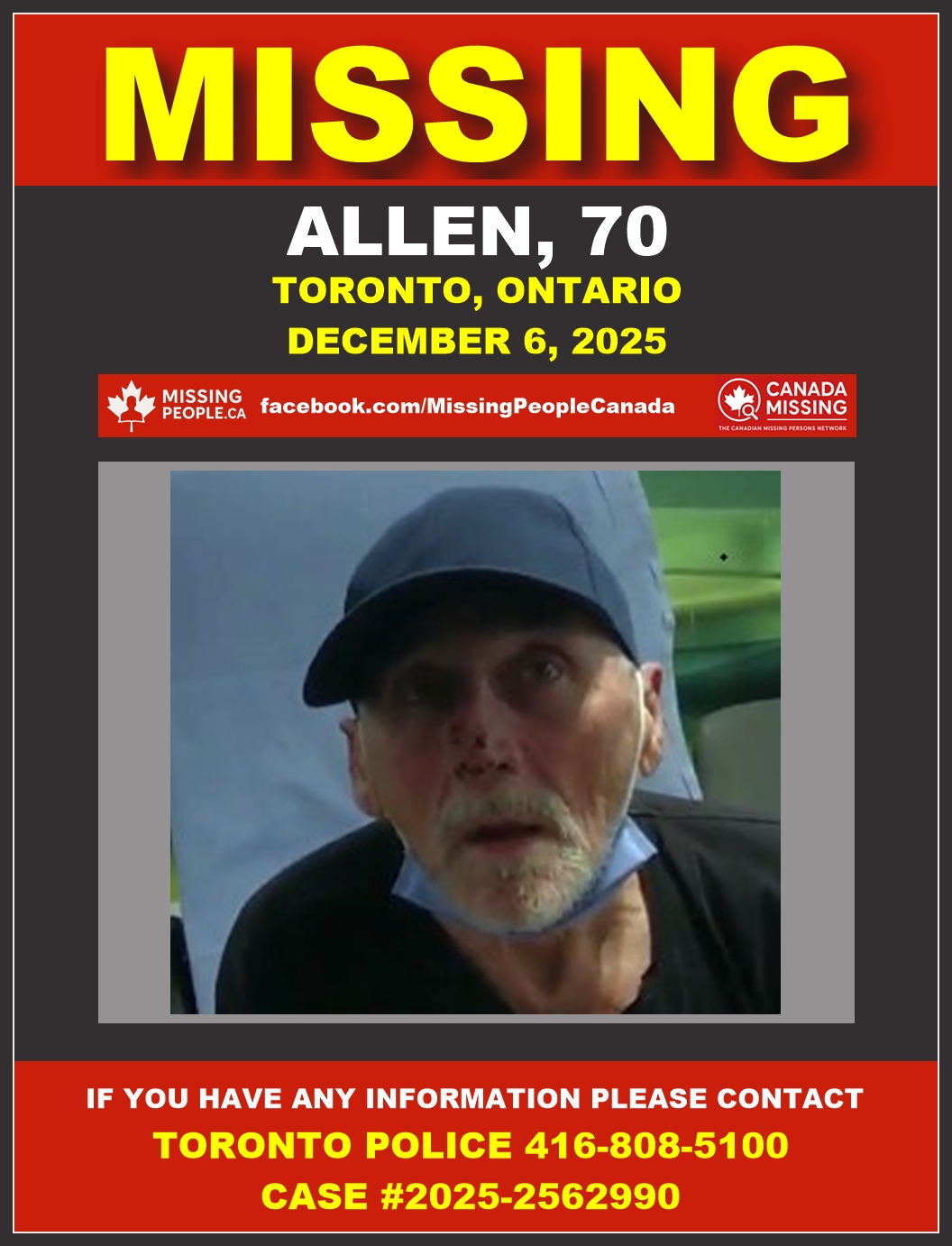 Photo of missing person Allen, age 70, from Toronto, Ontario.