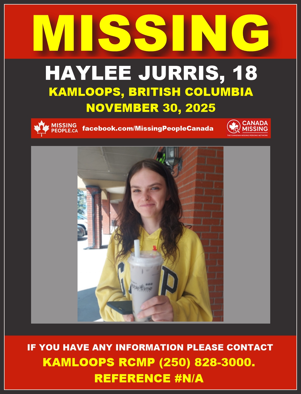 Photo of missing female teen Haylee Jurris, age 18, from Kamloops, British Columbia.