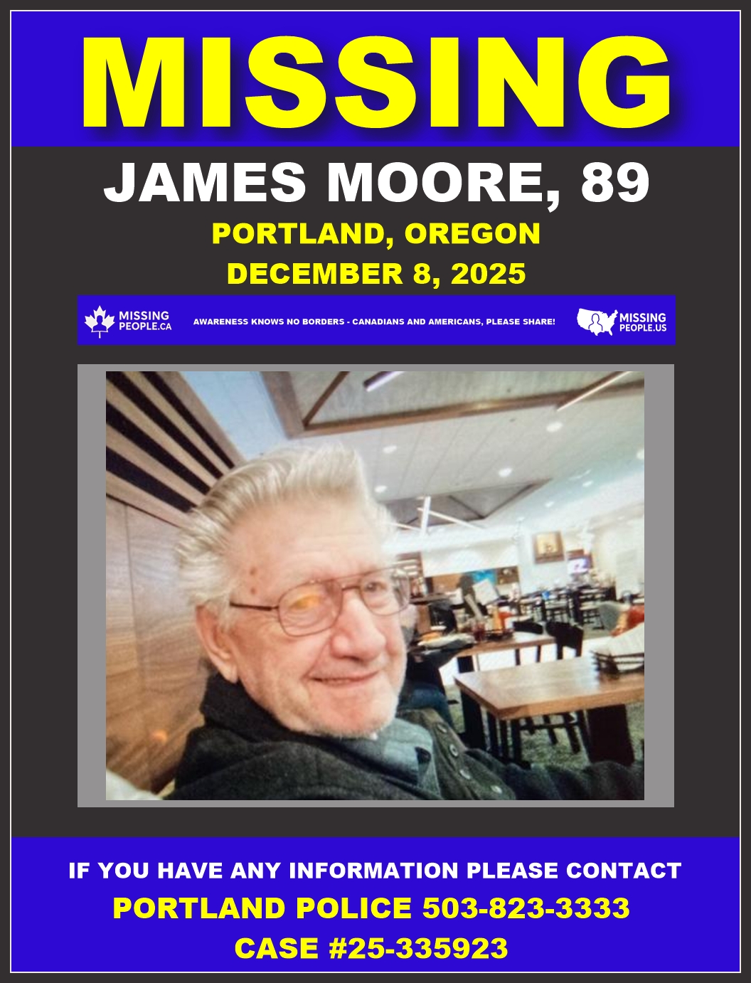 Photo of missing endangered senior James Moore, age 89, from Portland, Oregon.