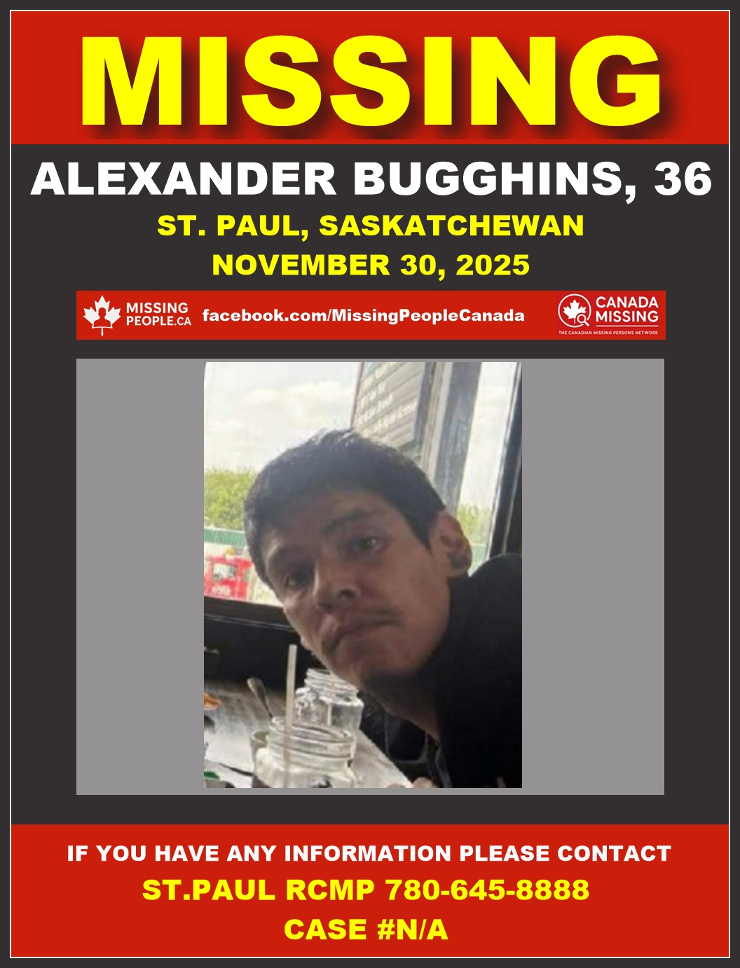 Photo of missing man Alexander Bugghins, age 36, brown hair, brown eyes, from St. Paul, Saskatchewan.