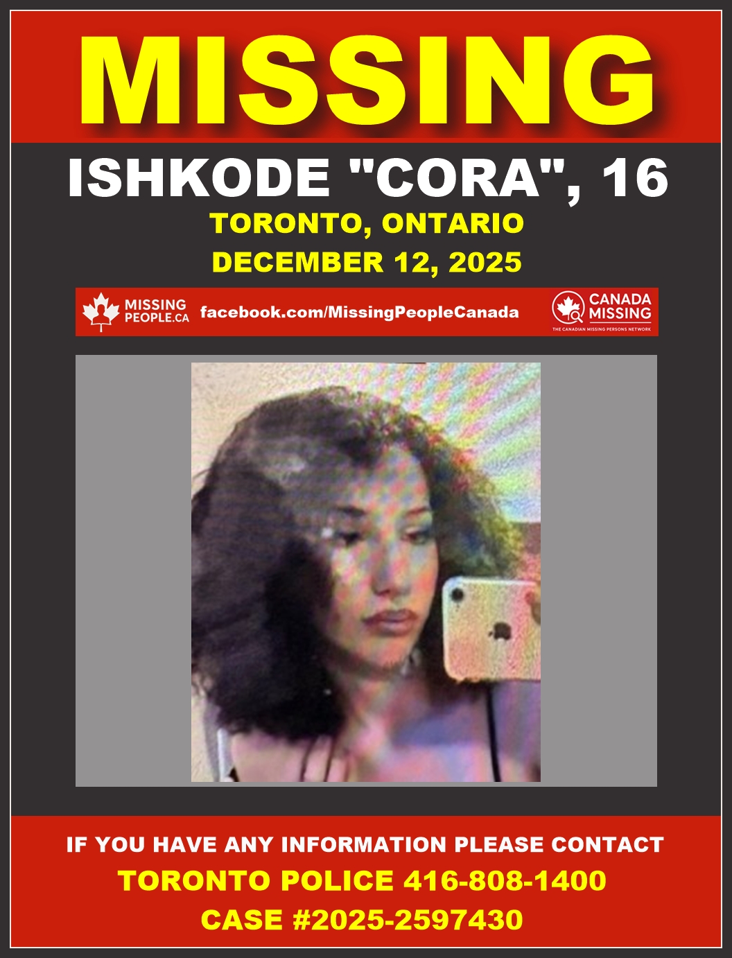 Photo of missing youth Ishkode "Cora", age 16, from Toronto, Ontario.