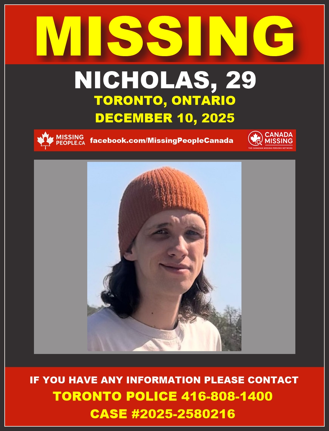 Photo of missing person Nicholas, age 29, from Toronto, Ontario.