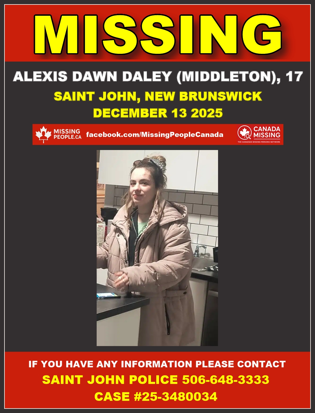 Photo of missing female youth Alexis Dawn Daley (Middleton), age 17, from Saint John, New Brunswick.