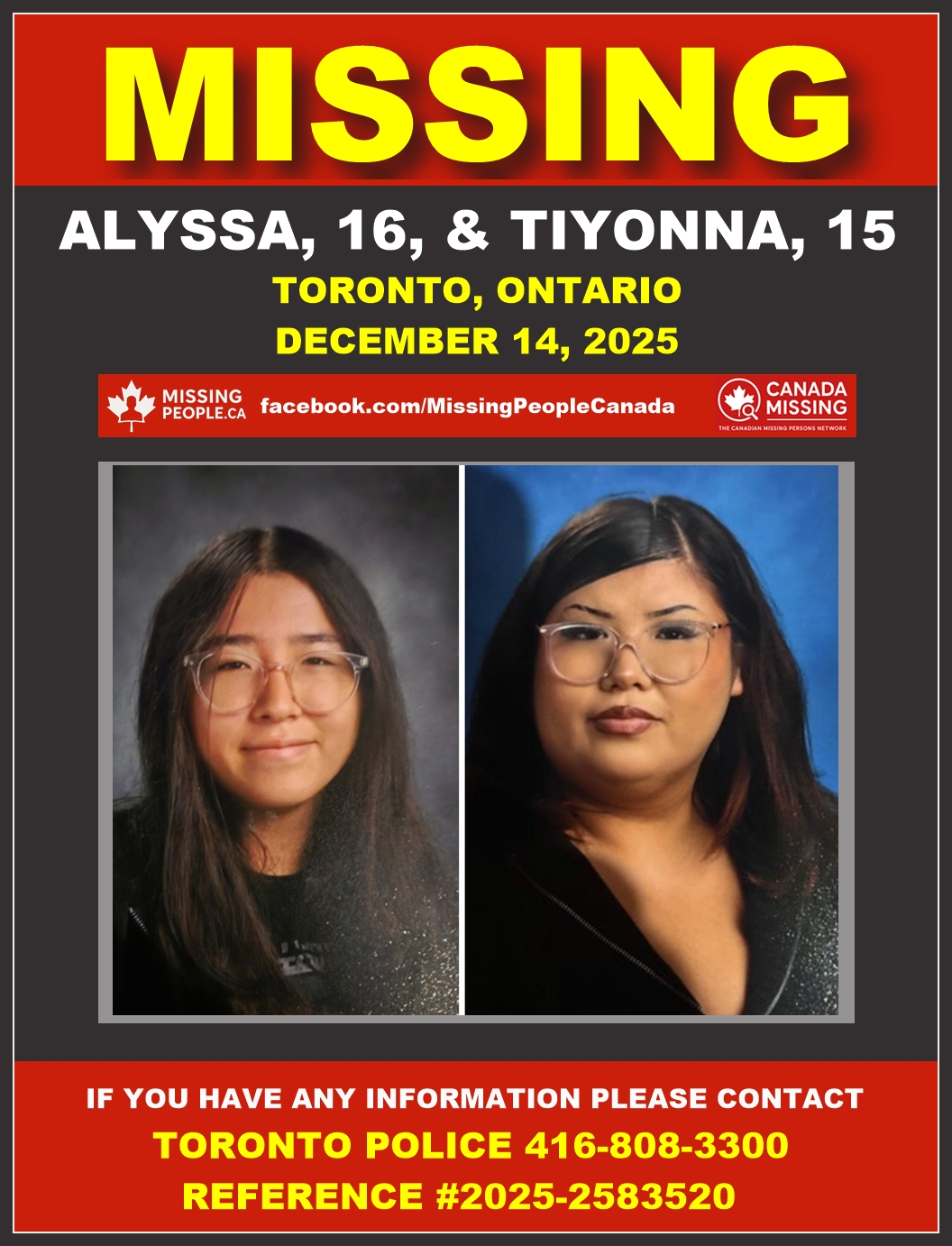 Photos of missing youths Alyssa, 16, and Tiyonna, 15, from Toronto, Ontario.