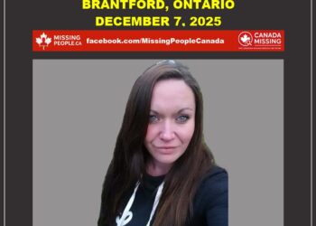 Photo of missing woman Amanda, age 37, from Brantford, Ontario (long dark hair, blue eyes, wearing navy blue parka jacket).