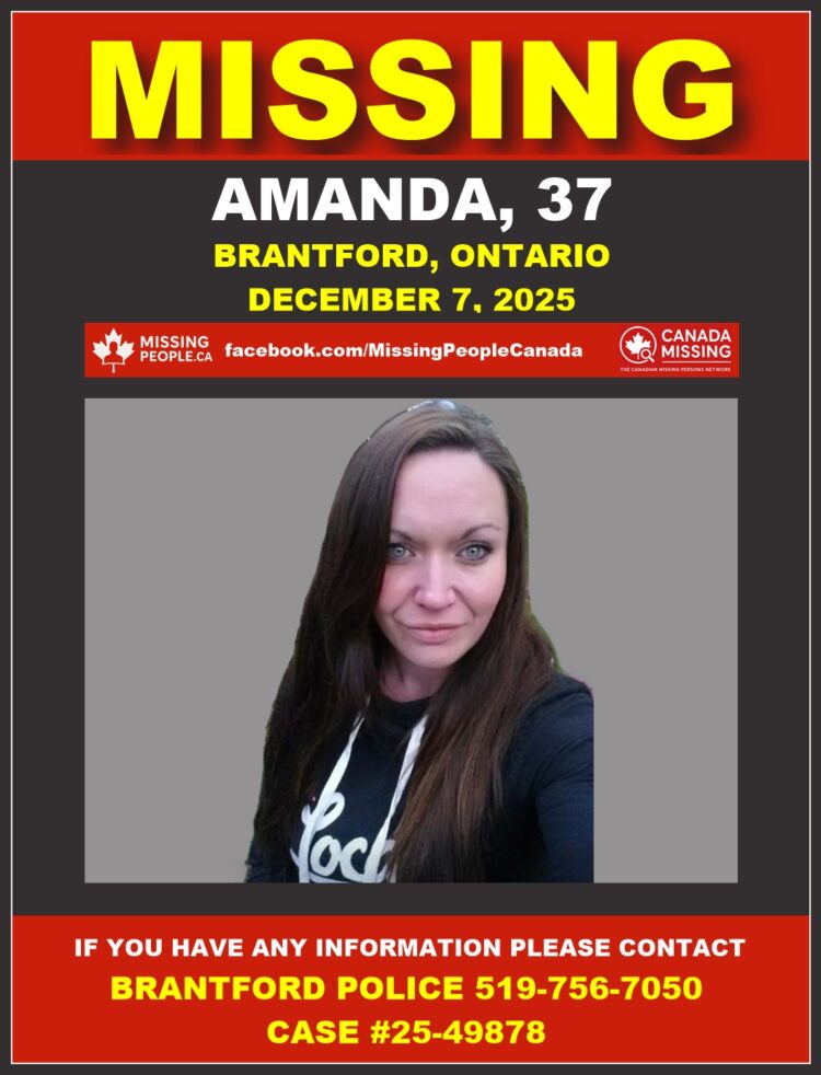 Photo of missing woman Amanda, age 37, from Brantford, Ontario (long dark hair, blue eyes, wearing navy blue parka jacket).