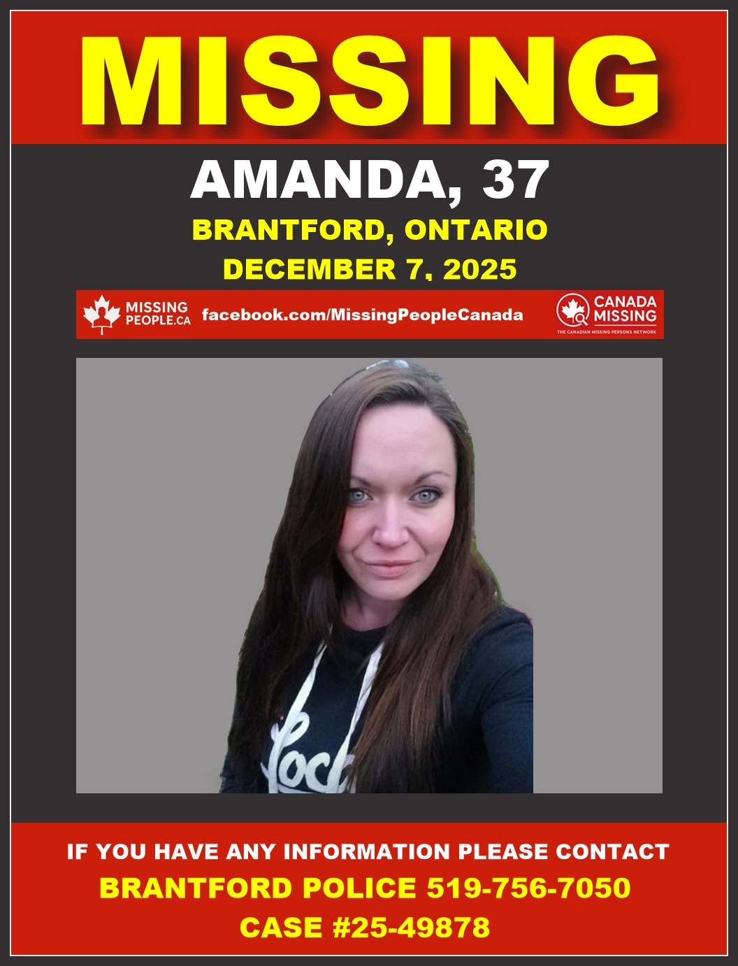 Photo of missing woman Amanda, age 37, from Brantford, Ontario (long dark hair, blue eyes, wearing navy blue parka jacket).