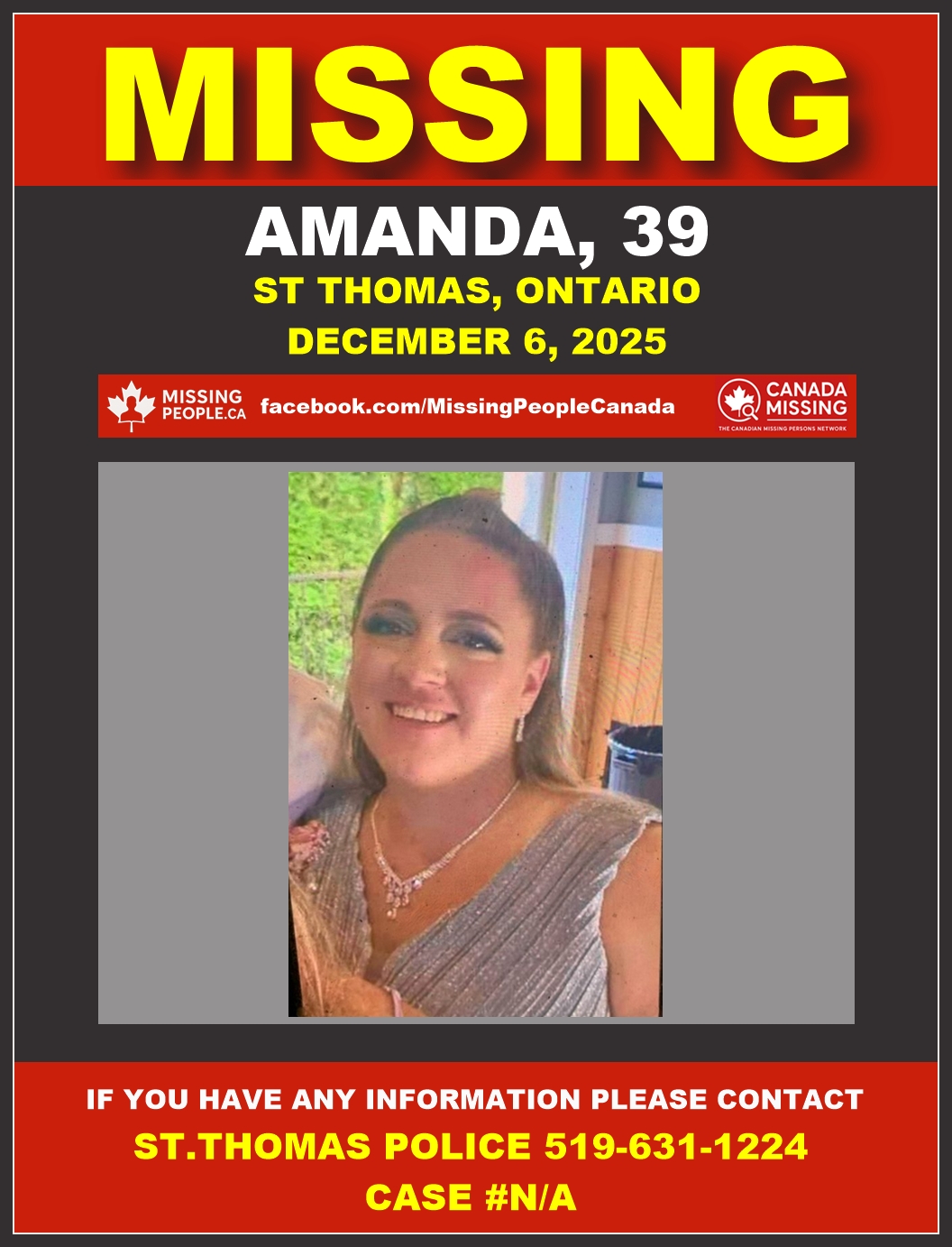 Photo of missing woman Amanda, age 39, from St Thomas, Ontario.