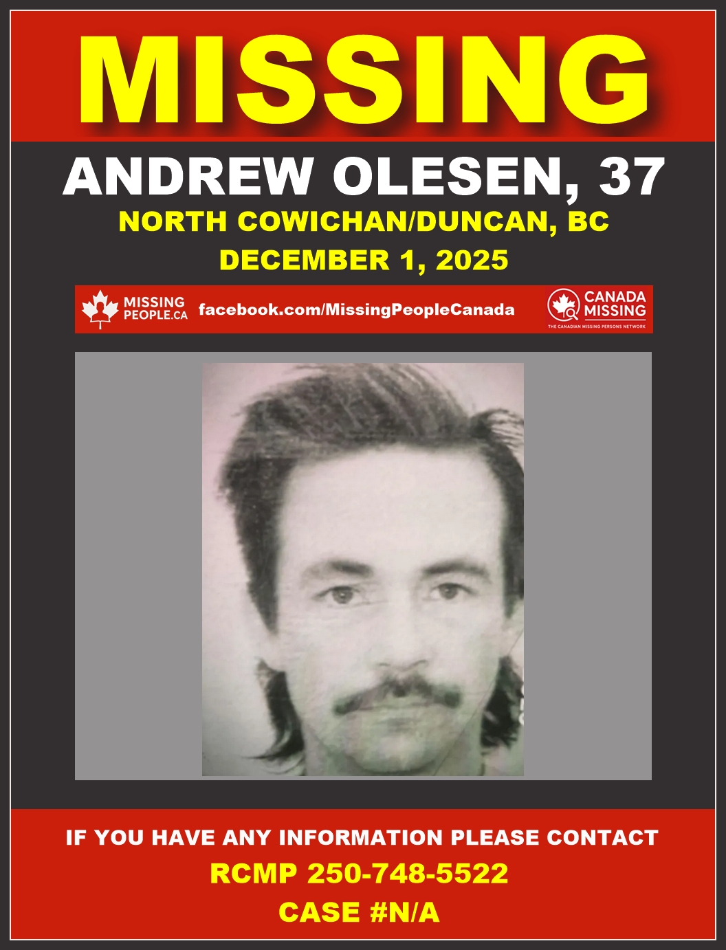 Photo of missing man Andrew Olesen, age 37, from North Cowichan/Duncan, British Columbia.