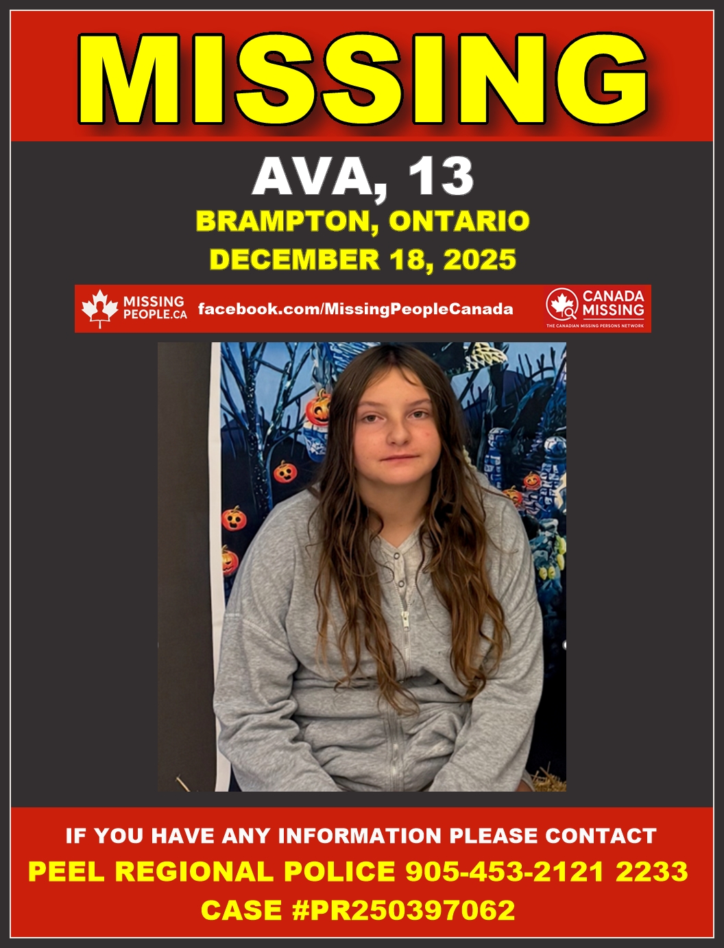 Photo of missing female teen Ava, age 13, from Brampton, Ontario.