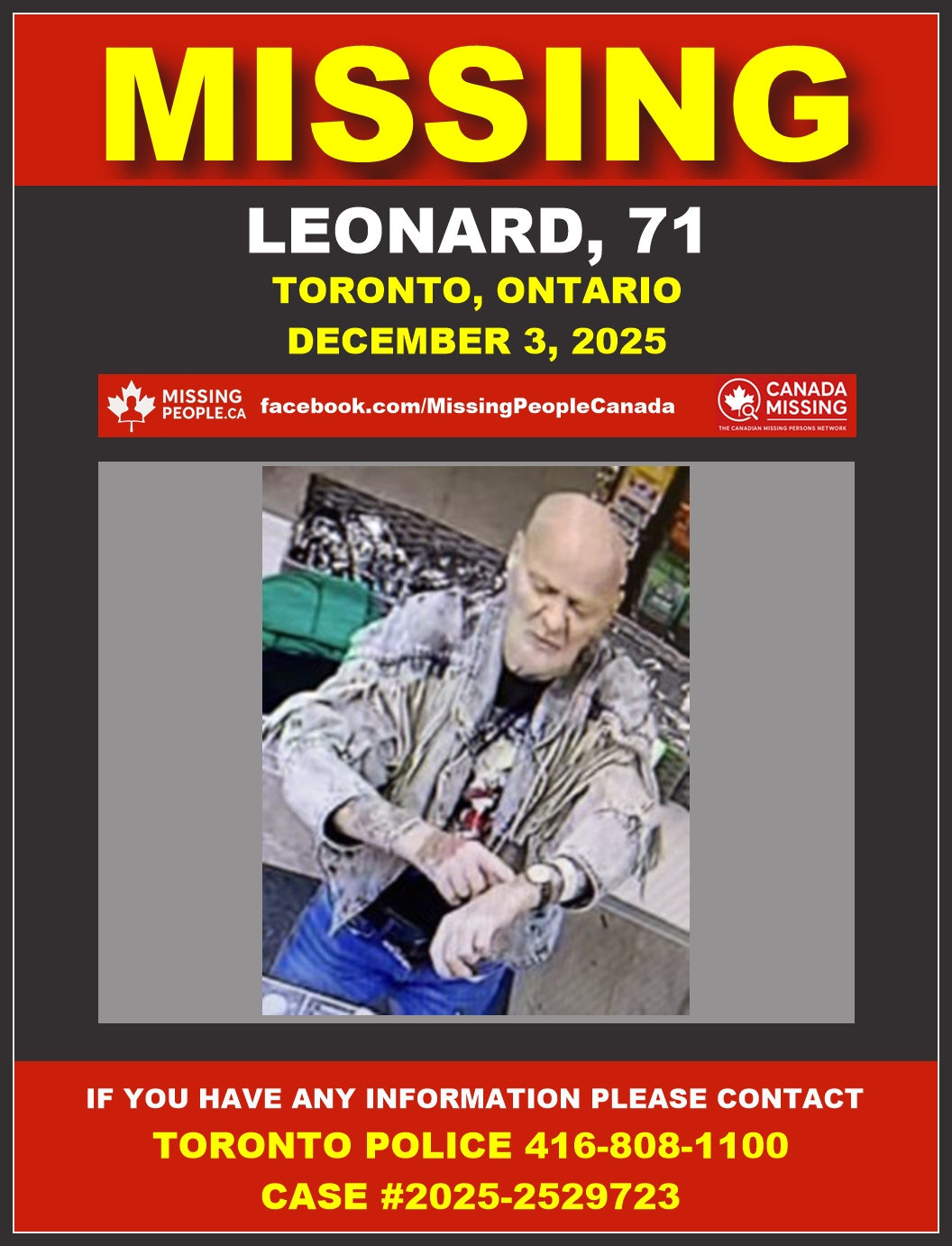 Photo of missing person Leonard, age 71, from Toronto, Ontario.
