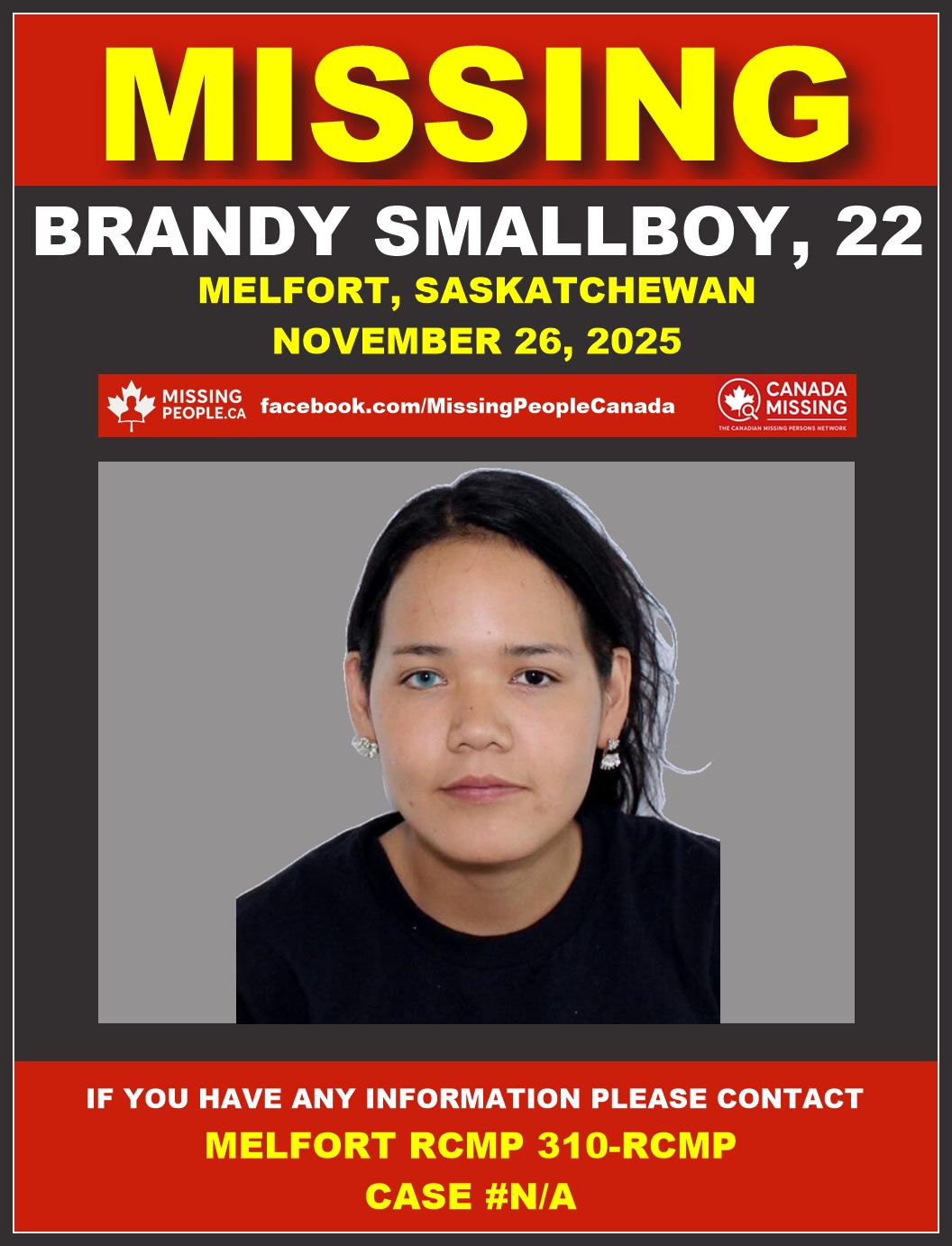 Photo of missing woman Brandy Smallboy, age 22, from Melfort, Saskatchewan.