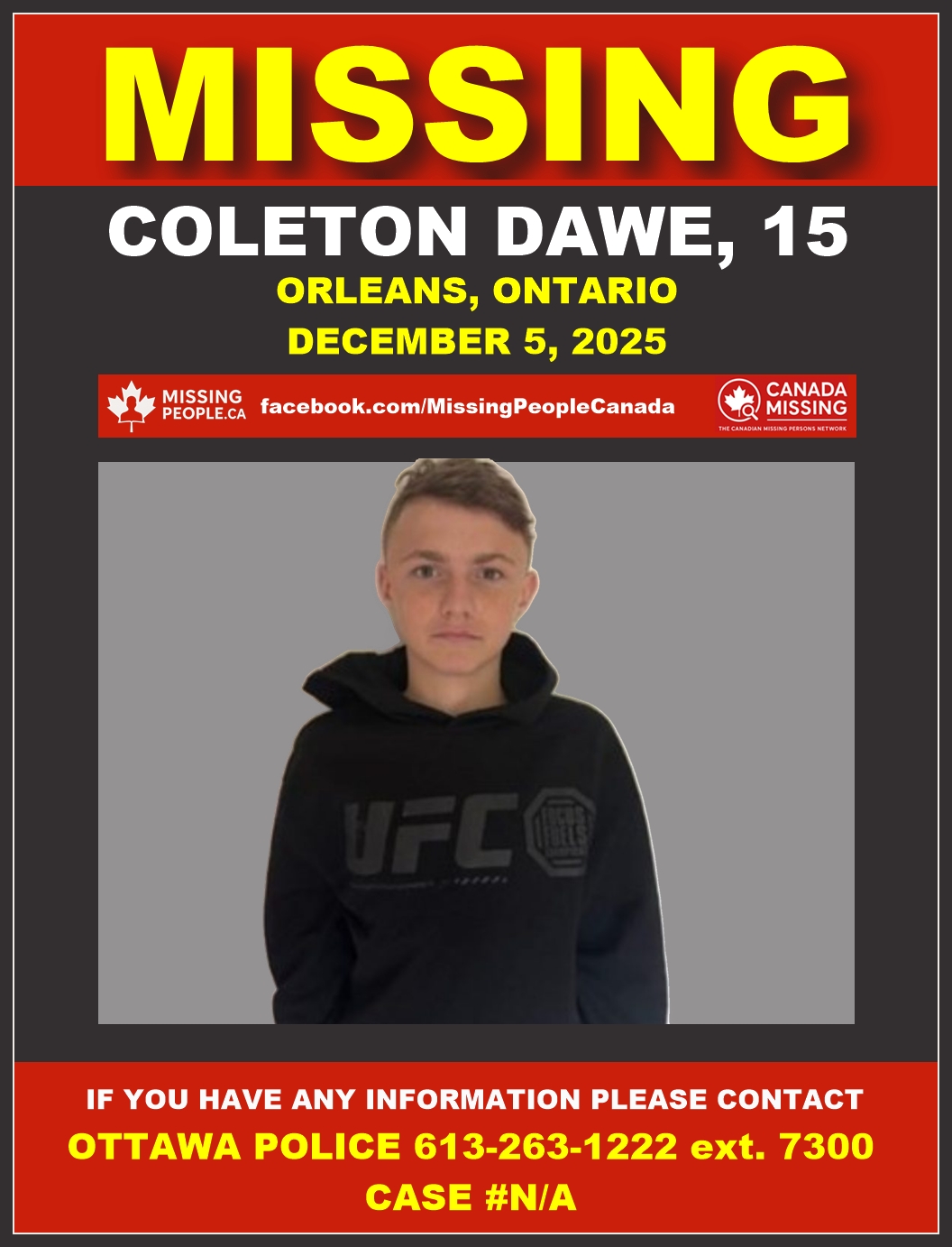 Photo of missing male teen Coleton Dawe, age 15, from Orleans, Ontario.