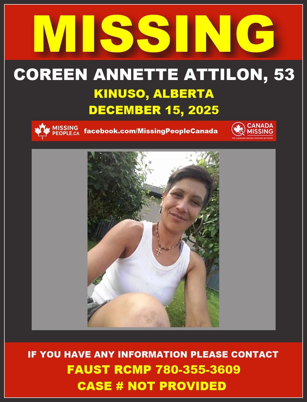 Photo of missing woman Coreen Annette Attilon, age 53, from Slave Lake/Kinuso, Alberta.