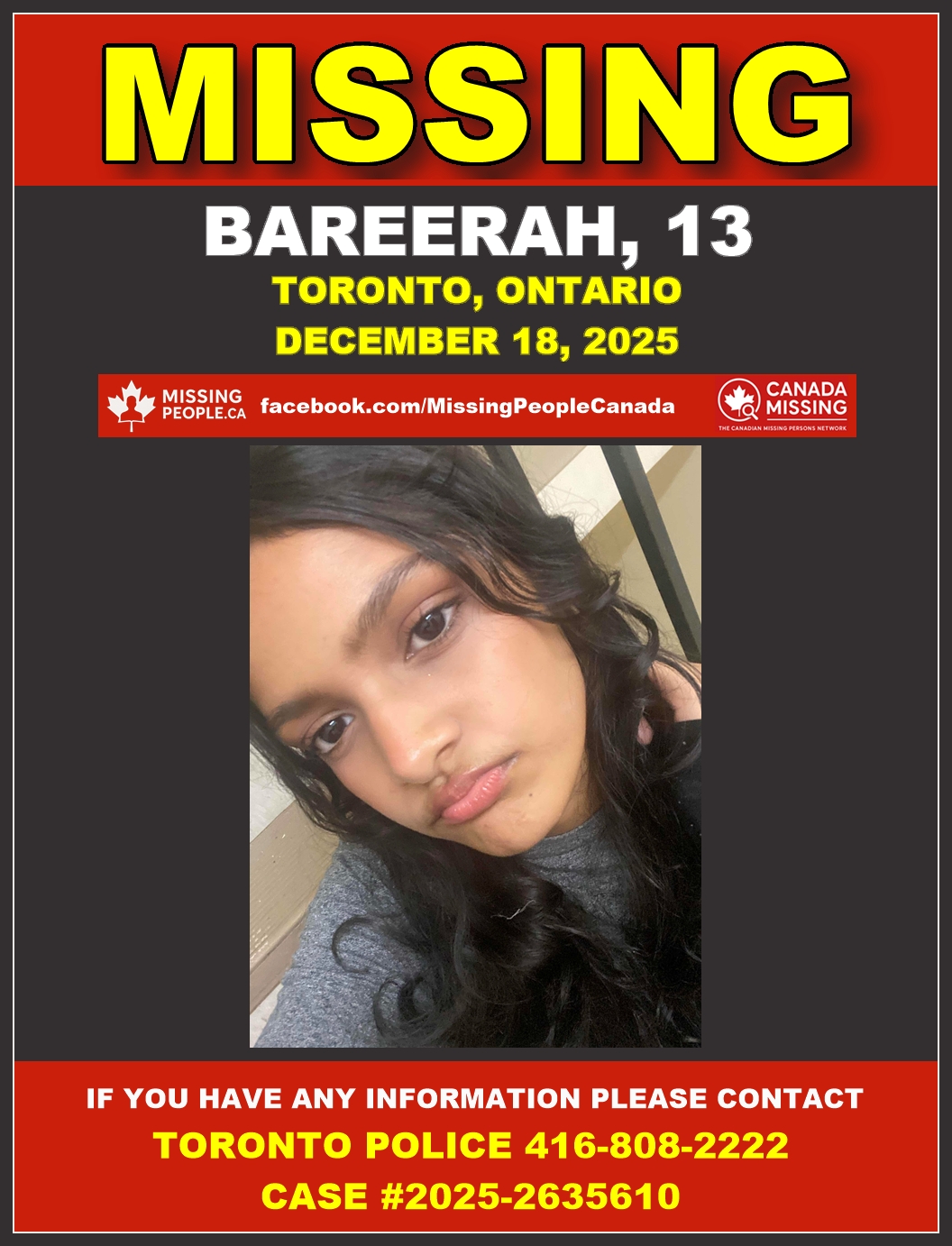 Photo of missing youth Bareerah, age 13, from Toronto, Ontario.