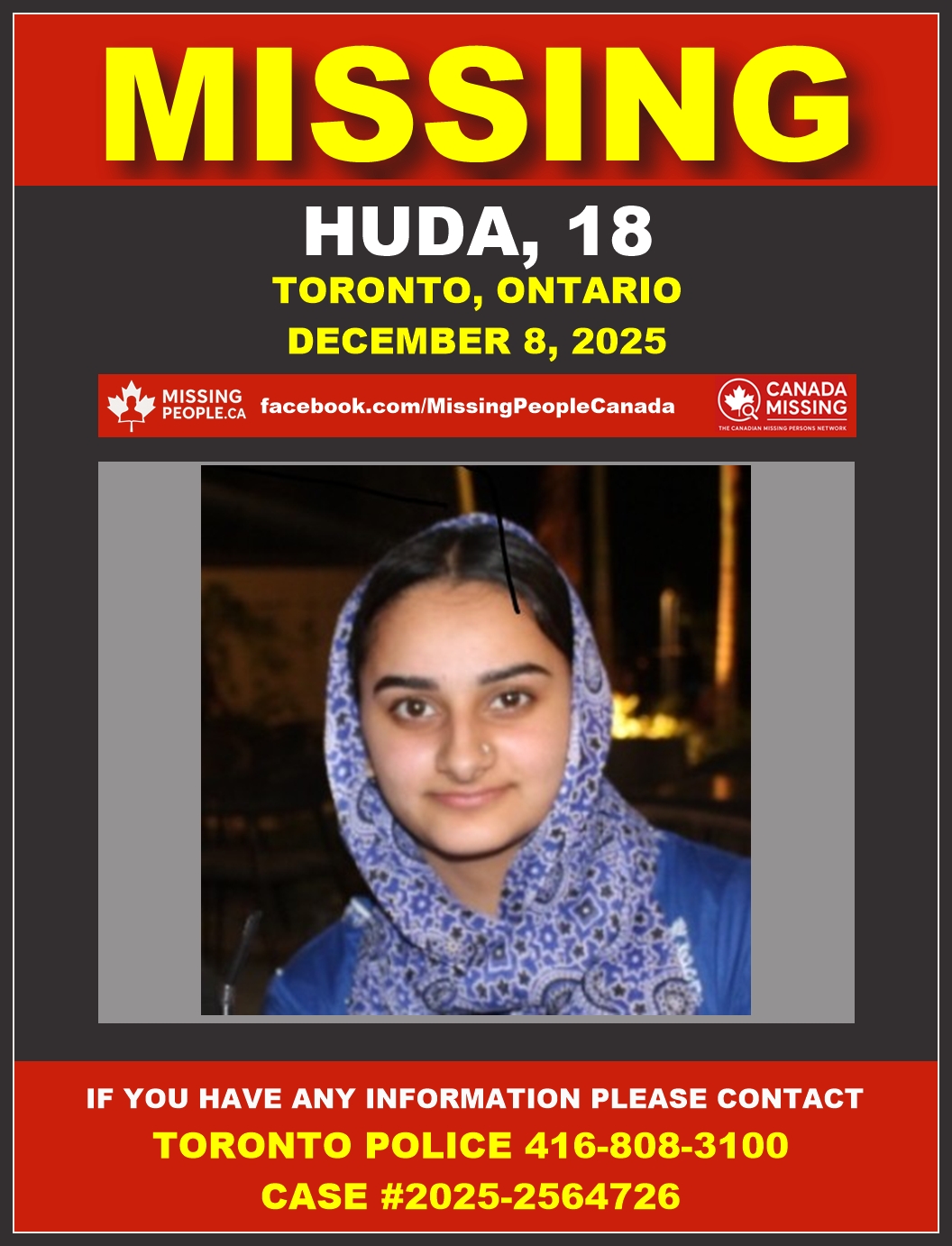 Photo of missing person Huda, age 18, from Toronto, Ontario.
