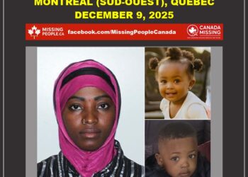 Missing woman Mahassine Mahamat Moussa, 30, and her children Bassam (2) and Khalia (1) from Montréal (Sud-Ouest), Quebec.