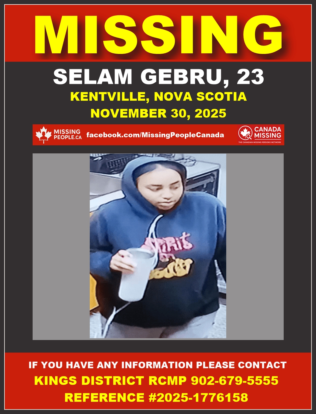 Photo of missing woman Selam Gebru, age 23, from Kentville, Nova Scotia.