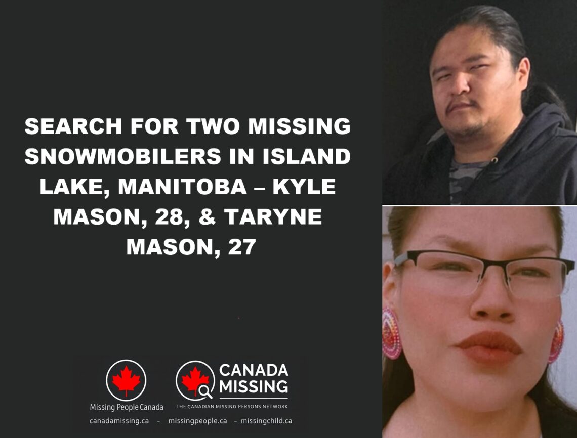 Search for missing snowmobilers Kyle Mason and Taryne Mason in Island Lake area, Manitoba.