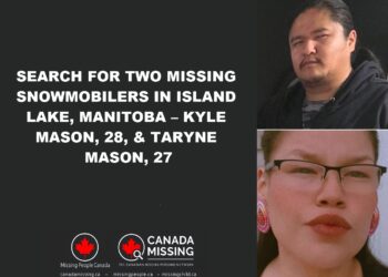 Search for missing snowmobilers Kyle Mason and Taryne Mason in Island Lake area, Manitoba.