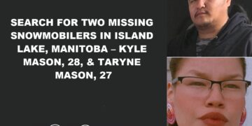Search for missing snowmobilers Kyle Mason and Taryne Mason in Island Lake area, Manitoba.