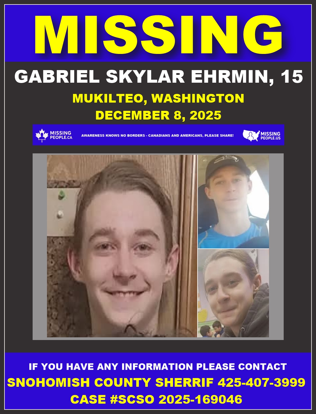 Photo of missing teen Gabriel Skylar Ehrmin, age 15, from Mukilteo, Washington (blonde hair, blue eyes, black Pikachu hoodie).