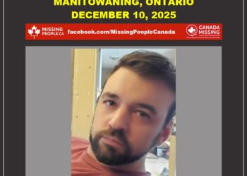 Photo of missing man Justin Deforge, age 41, from Manitowaning, Ontario (man with short brown hair, brown goatee, smiling, wearing red shirt).