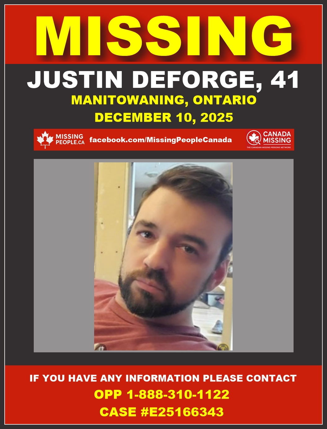 Photo of missing man Justin Deforge, age 41, from Manitowaning, Ontario (man with short brown hair, brown goatee, smiling, wearing red shirt).