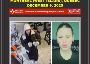Photo of missing female teen Thuraya Aburamadan, age 16, from Montréal (west island), Quebec (young woman in white beanie, black fur-hooded coat, black pants, white sneakers, holding a bag in a café setting).