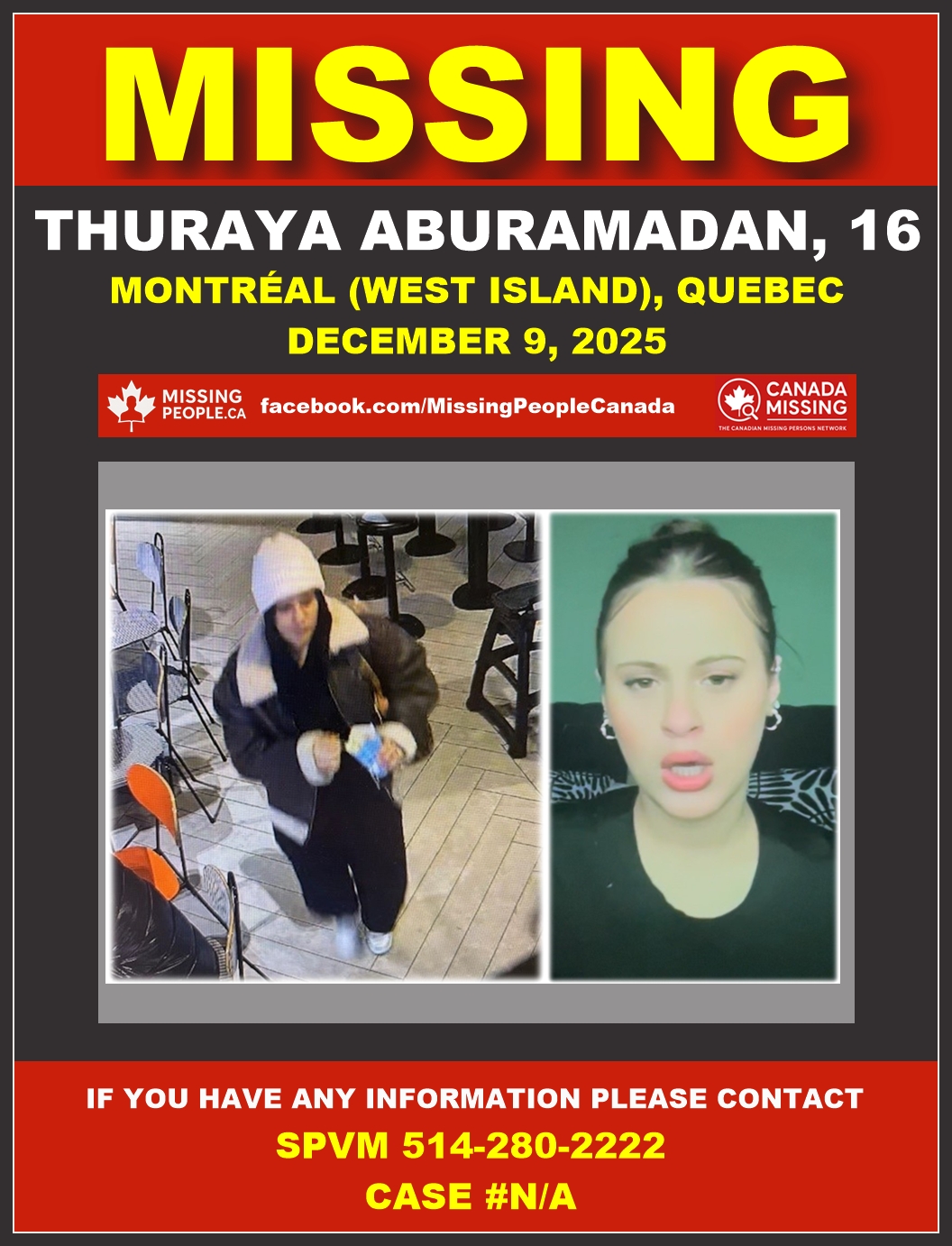 Photo of missing female teen Thuraya Aburamadan, age 16, from Montréal (west island), Quebec (young woman in white beanie, black fur-hooded coat, black pants, white sneakers, holding a bag in a café setting).