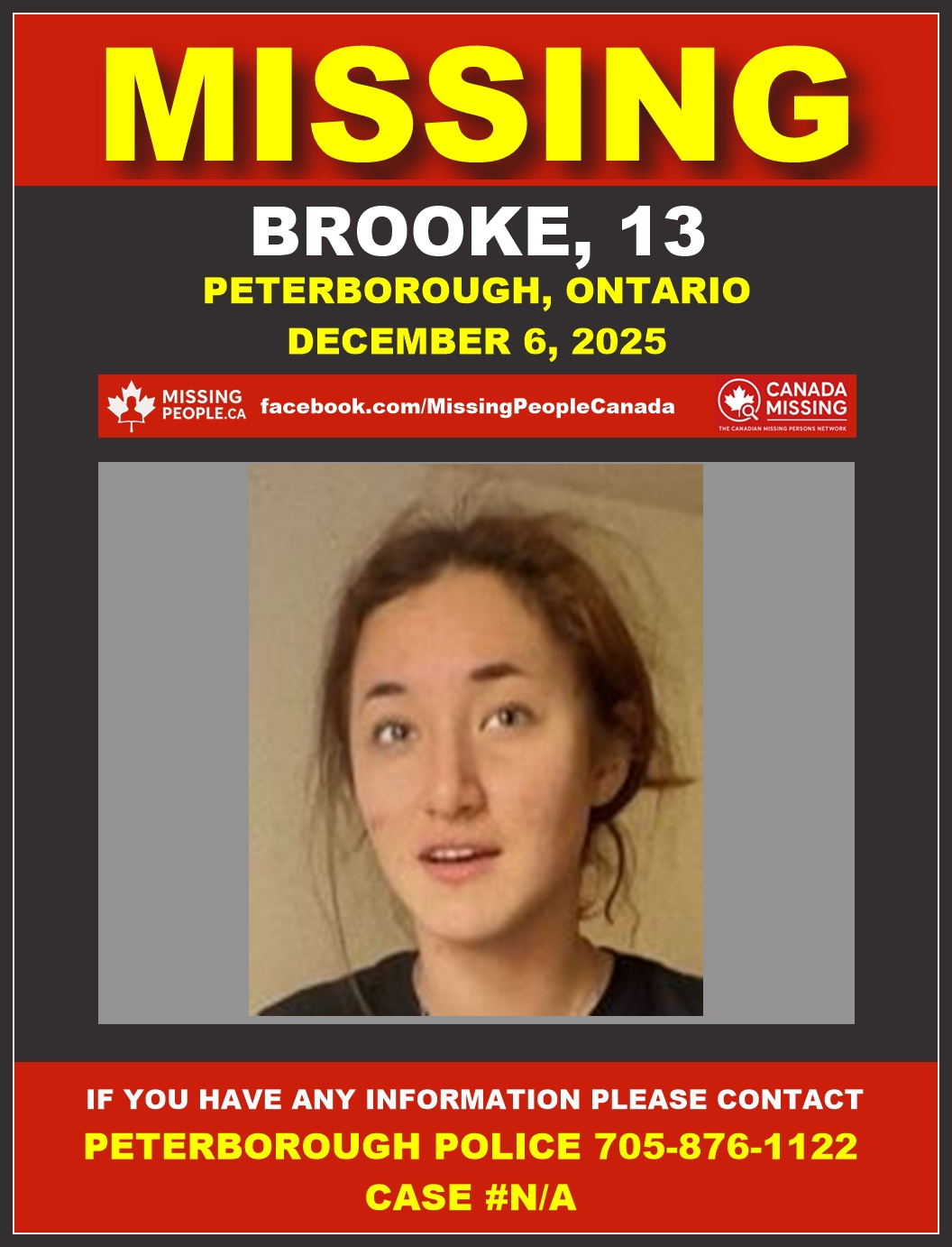 Photo of missing female teen Brooke, age 13, from Peterborough, Ontario.