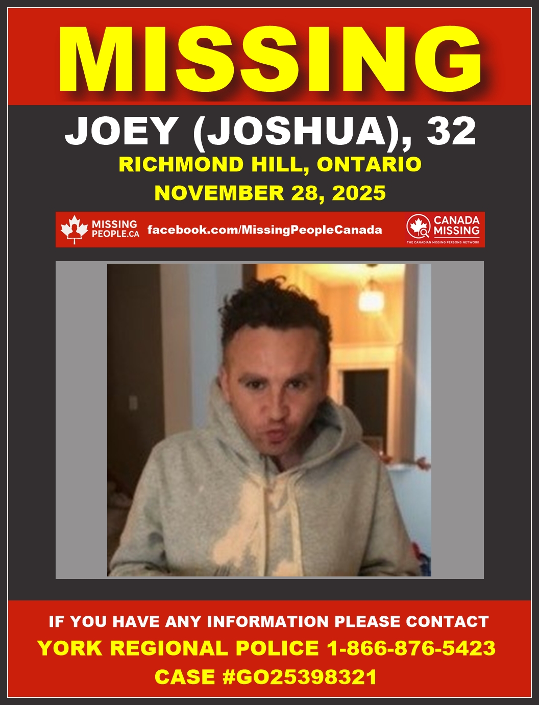 Photo of missing vulnerable man Joey (Joshua), age 32, from Richmond Hill, Ontario.