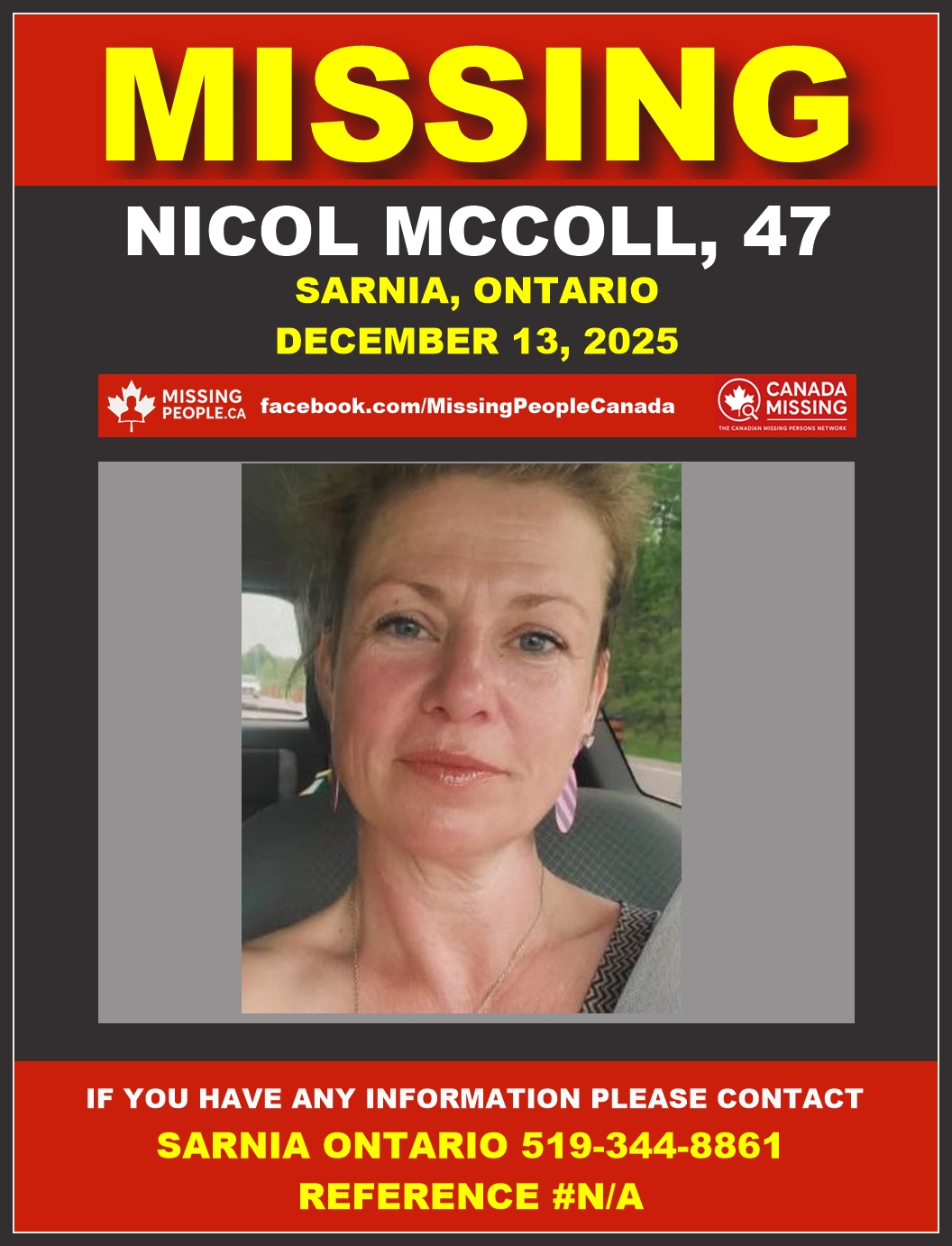 Photo of missing woman Nicol McColl, age 47, from Sarnia, Ontario (blonde hair, blue eyes, smiling in car).