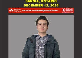Photo of missing male teen Seamus Meneely, age 17, from Sarnia, Ontario (wearing grey winter coat).