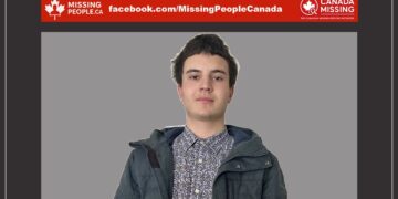 Photo of missing male teen Seamus Meneely, age 17, from Sarnia, Ontario (wearing grey winter coat).