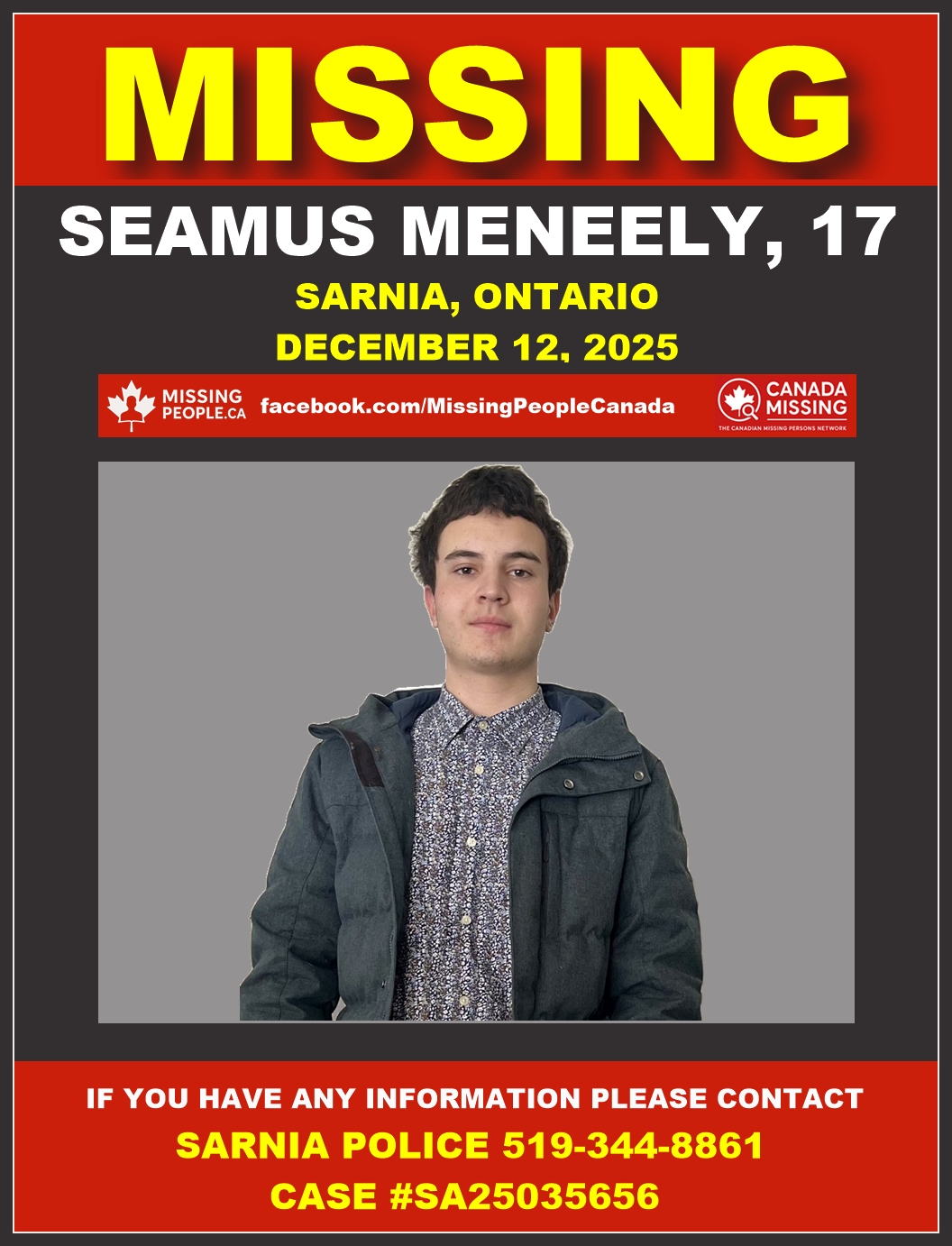 Photo of missing male teen Seamus Meneely, age 17, from Sarnia, Ontario (wearing grey winter coat).